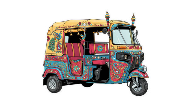 Colorful auto rickshaw driving on a city street Vector