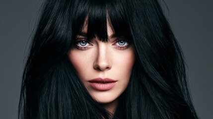 Fototapeta premium Portrait of a brunette woman with layered hair and curtain bangs
