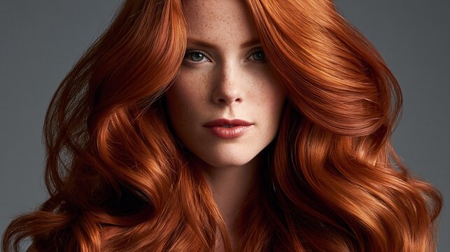 Portrait of a woman with voluminous wavy copper red hair
