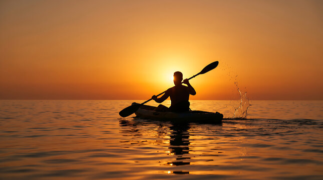 Silhouette of a Lone Kayaker Paddling Across Calm Ocean Waters at Golden Sunset with Reflection and Peaceful Horizon
