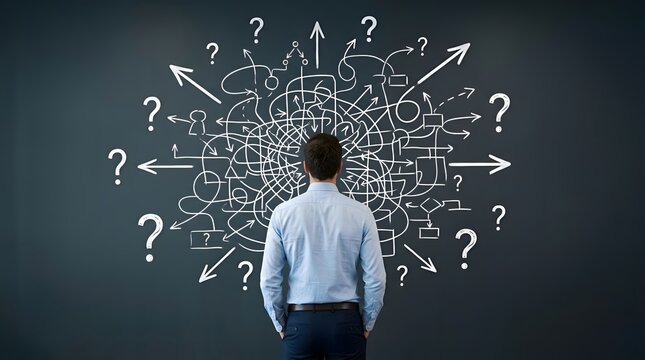 Man contemplating complex flowchart with question marks, symbolizing confusion and decision making challenges
