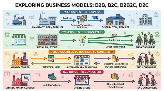 Business models infographic for b2b b2c b2b2c and d2c commerce