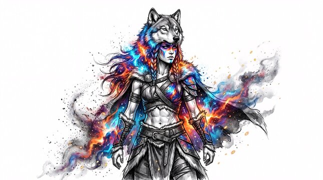Powerful female warrior in a wolf headdress, stylized in high-contrast ink and vibrant cosmic watercolor on a white background.
