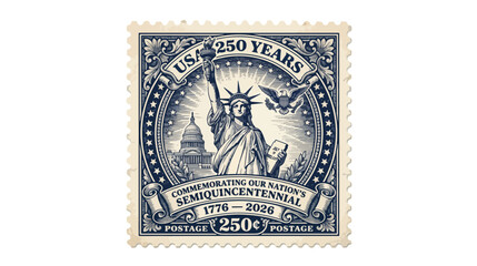 Obraz premium Vintage USA 250 years commemorative postage stamp vector, semiquincentennial 1776-2026 celebration, patriotic statue of liberty and eagle engraving