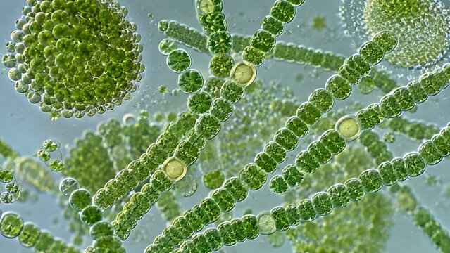 Photorealistic Cyanobacteria Micrograph Showing Filamentous Blue Green Algae Cells Under Microscope Scientific Research Biology Ecology Education Concept