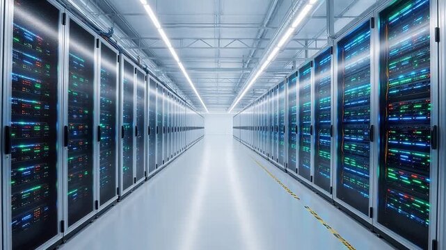 Rows of server racks in a data center