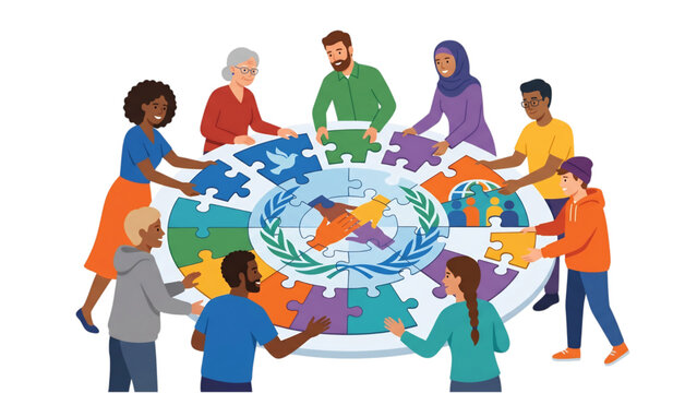 People from diverse backgrounds collaboratively assembling a world puzzle, symbolizing global cooperation, peace, and community engagement for a better future