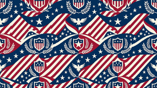 Seamless patriotic pattern with stars stripes shields and eagles in red white blue