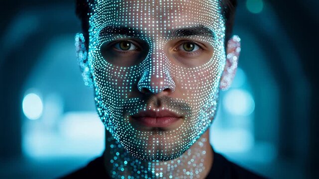 Man with digital dot pattern on face