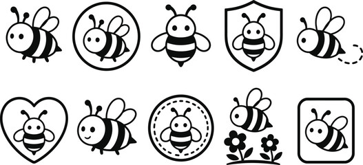 Fototapeta premium Collection of cute bee mascot logos featuring friendly cartoon bees in various badge, shield, heart, circle, floral,