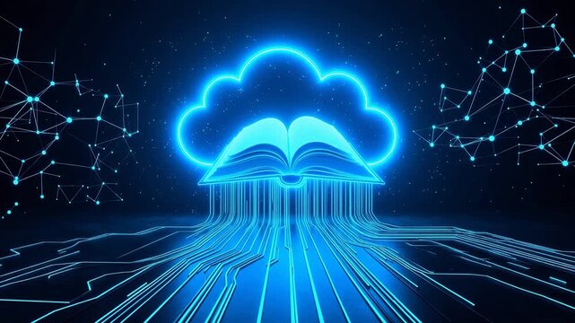 Open book with glowing cloud and circuit lines