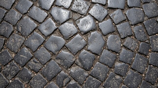 Cobblestone Pavement Texture: A detailed close-up of a weathered cobblestone pavement, showcasing the rough texture and irregular patterns of the worn stone blocks arranged in a circular fashion.