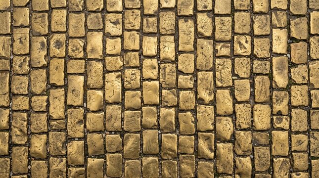 Golden Cobblestone Texture: A close-up, high-angle view of weathered, golden-hued cobblestones forming a textured pattern. The rough.