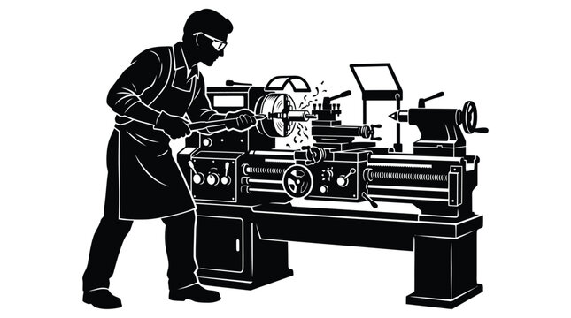 worker operating lathe machine silhouette industrial manufacturing engineering tool equipment factory production