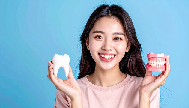 치과모형을 들고있는 치아모델
