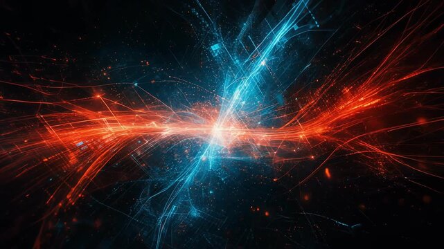 Abstract digital art depicting intersecting streams of blue and orange light