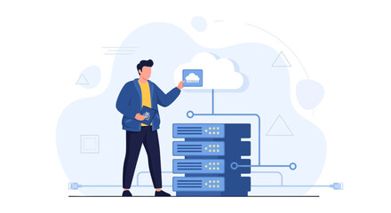 Naklejka premium Man interacts with cloud server rack, representing data storage, IT infrastructure, and digital transformation