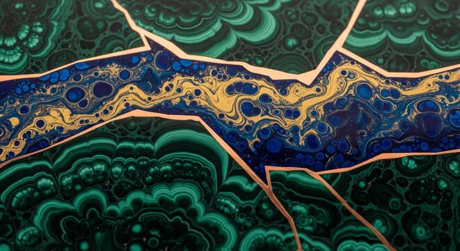 Intricate malachite green textured stone with bold blue and gold inlay marble background