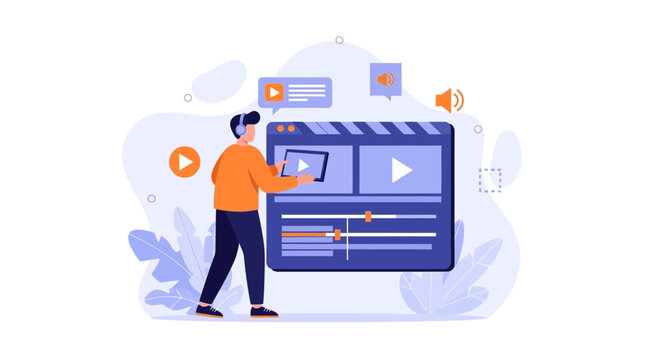Man using video editing software with timeline, play button, and sound icons on abstract background
