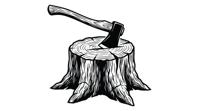 axe embedded in tree stump silhouette black white contrast graphic cutting tool