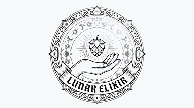Celestial lunar elixir logo with hand holding hop cone.