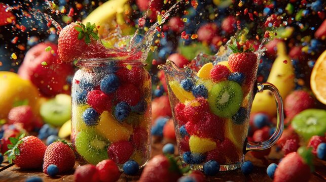 Vibrant mixed berries and fruit pieces explode with liquid splash into glass containers