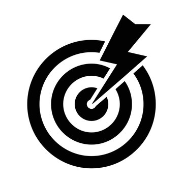 Stylized electrical spark hitting a dartboard bullseye symbol in a bold minimalist monochrome design representing a precision performance concept
