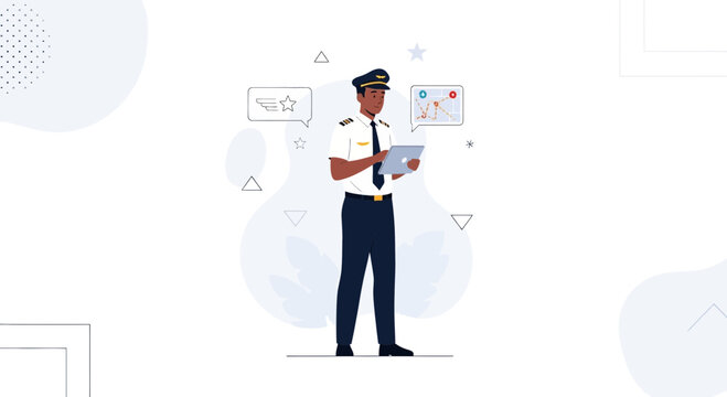 Pilot using tablet with flight plan and map, modern flat vector illustration