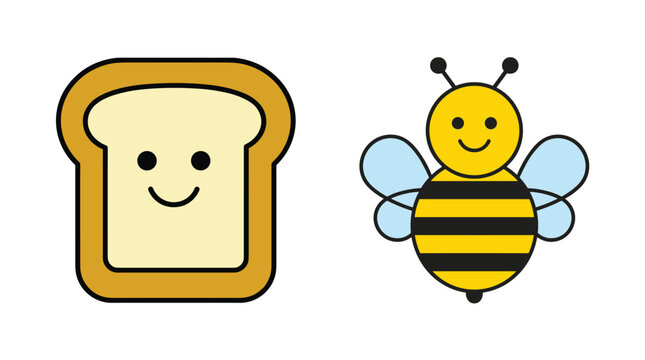 Cute cartoon toast and happy bumblebee character icons.