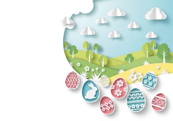 Naklejka premium Easter eggs in beautiful spring landscape made of craft paper. Creative bunny decoration with flowers and green meadow. Greeting card design for religious holiday celebration concept.