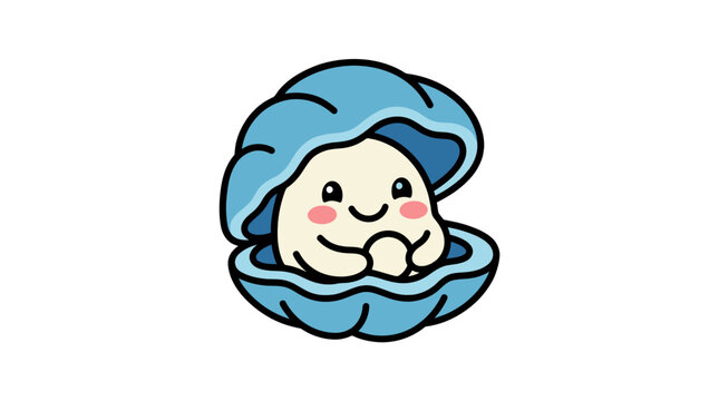 Smiling pearl character inside open blue shell.