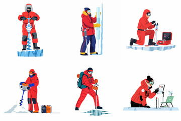 Collection of arctic scientists and polar explorers in red thermal gear performing research, drilling ice cores, and using scientific technology in icy landscapes. © Nasir