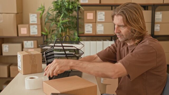Man writing on parcel with red pen, right hand on box, laptop and tape on table, shelves of parcels in background in a building; focused small business.
