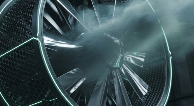 Jet engine turbine spinning rapidly with smoke. Aircraft mechanical propulsion system with metallic blades. Engineering power and aeronautics technology innovation for aerospace industry.