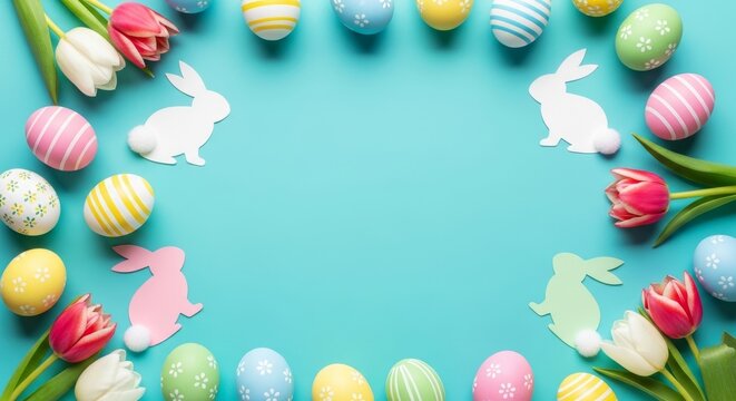 Easter greeting card composition with colorful painted eggs, paper rabbit silhouettes and fresh tulip flowers arranged as a frame on a blue background. Traditional holiday decor.