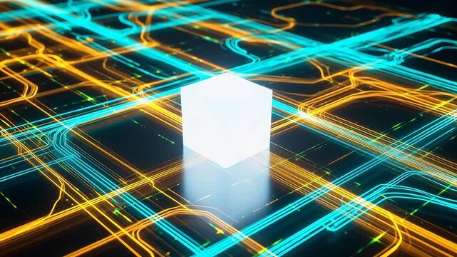 Abstract digital cube with glowing lines