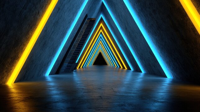 Repeating triangular illuminated architectural corridor extends into the darkness