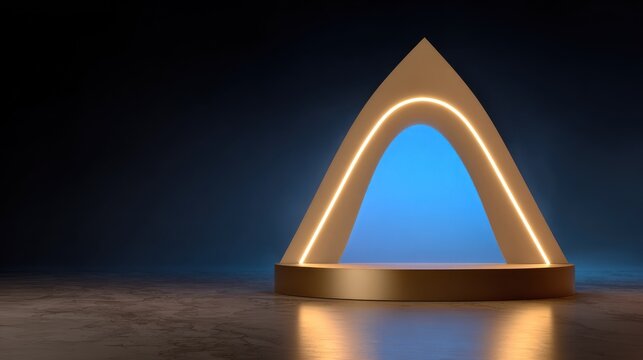 Geometric pedestal structure illuminated by glowing lines against a dark background