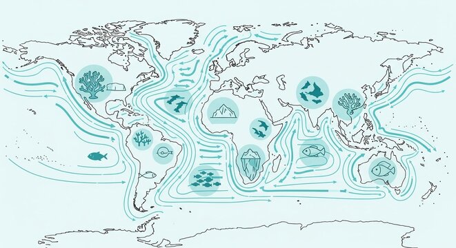 World map infographic showing global ocean currents and marine ecosystems