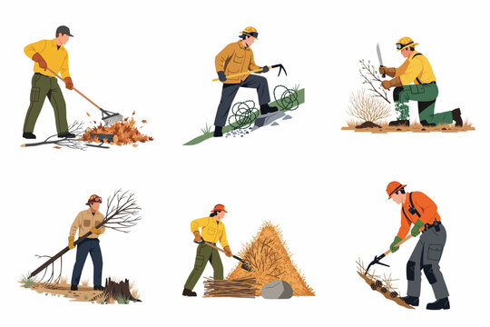 Set of diverse firefighters and forestry workers clearing brush and debris for wildfire prevention and land management across different terrains.