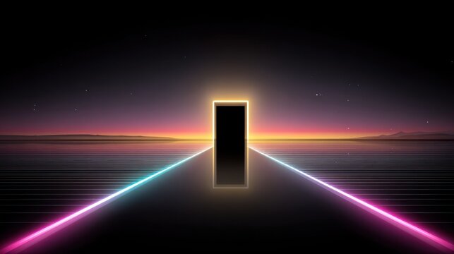 Glowing rectangular portal hovers over a dark grid plane toward a colorful horizon at twilight