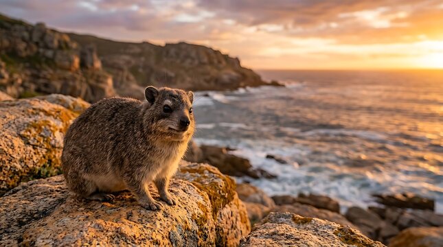A cute rock hyrax sitting on a rocky cliff overlooking the ocean during a golden sunset.