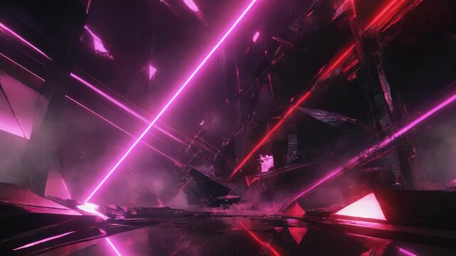 Abstract digital art with vibrant red and pink neon laser beams in dark space
