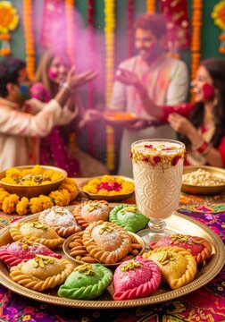 Gujiya sweets and thandai drink on plate for Holi. Indian traditional dessert and beverage for spring festival. Friends celebrating with colored powder in blurred background.