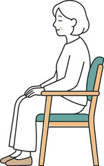 Fototapeta premium Senior woman sits calmly on a wooden armchair to illustrate a peaceful state of mind and the comfort of relaxing in a quiet home interior.