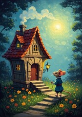 Little mouse traveling near fairy cottage in magical forest. Cute rodent character standing on path to small house. Illustration of whimsical nature setting for children storybook tale. © Georgiy