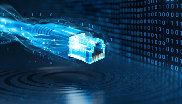 Ethernet cable connector with digital binary data stream, high speed internet connection and data transfer concept, blue technology background