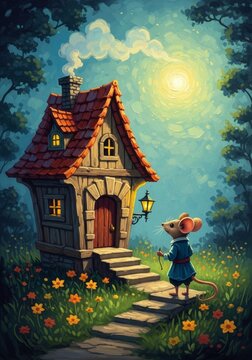 Little mouse traveling near fairy cottage in magical forest. Cute rodent character standing on path to small house. Illustration of whimsical nature setting for children storybook tale.