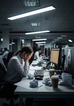 Stressed woman office worker sitting at desk with computer. Tired employee covering face with hand. Professional burnout and mental fatigue in workplace. Overwhelmed corporate career concept.