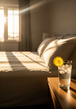 Glass of water with lemon slice on bedside table in bedroom. Cozy morning sunlight streaming through window onto unmade bed. Refreshing drink, relaxation and peaceful home atmosphere.